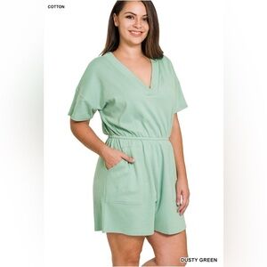New! Plus Size Dusty Green V-Neck Romper Size 1X 2X 3X